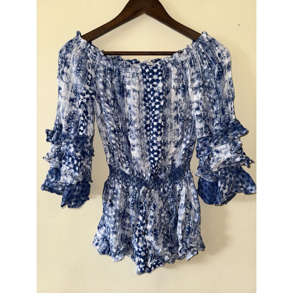 Surf Gypsy Blue Tie Dye Off Shoulder Romper Tiered Ruffle Sleeve Smocked Small